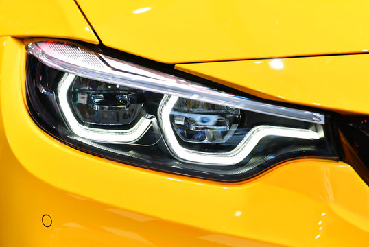 Close Up Detail On One Of The LED Headlights Modern Car 