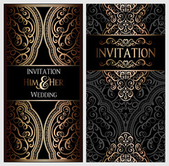Wedding invitation card with black and gold shiny eastern and baroque rich foliage. Ornate islamic background for your design. Islam, Arabic, Indian, Dubai.