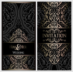 Wedding invitation card with black and gold shiny eastern and baroque rich foliage. Ornate islamic background for your design. Islam, Arabic, Indian, Dubai.