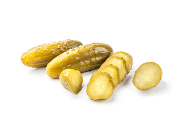 Pickled cucumbers isolated on white background.