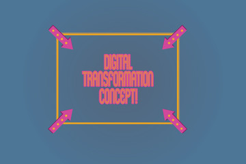 Conceptual hand writing showing Digital Transformation Concept. Business photo text Going paperless Use of digital technology Square Outline with Corner Arrows Pointing on Color Background