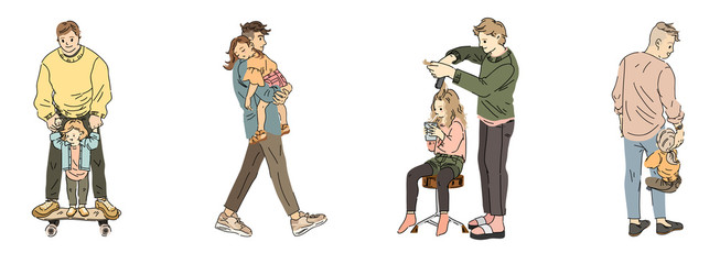 Family. Man with children. Father and daughter in different situations. Young dad with daughter. Vector illustration