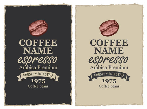Fototapeta Vector set of labels for freshly roasted coffee beans. Coffee labels with coffee bean and ribbon in retro style with inscription Espresso with ripped edges.