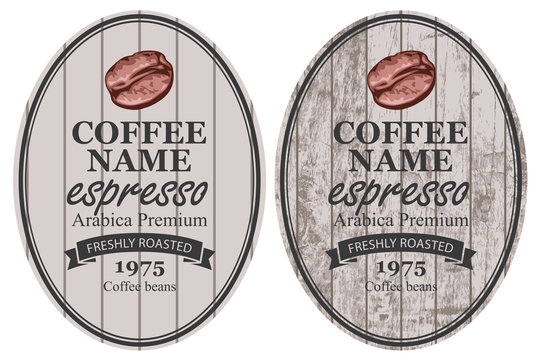 Fototapeta Vector set of labels for freshly roasted coffee beans. Coffee labels with coffee bean and ribbon in oval frame in retro style on striped wooden background with inscription Espresso.
