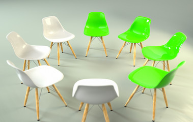circle of modern design chairs with one odd one out. Job opportunity. Business leadership. recruitment concept. 3D rendering