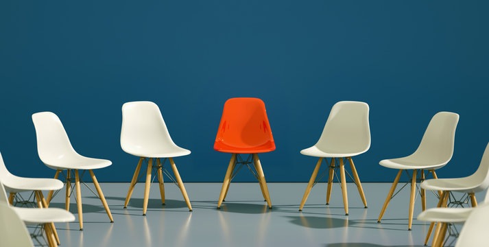 circle of modern design chairs with one odd one out. Job opportunity. Business leadership. recruitment concept. 3D rendering