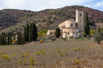 Fototapeta premium Old Abbey of Sant Antimo is a former Benedictine monastery in the comune of Montalcino, Tuscany, Italy