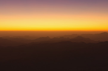 Majestic view of Mount Sinai (Mount Horeb, Gabal Musa, Moses Mount) at sunrise. Sinai Peninsula of Egypt. Pilgrimage place and famous touristic destination