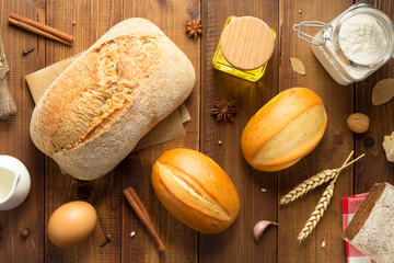 bread and bakery ingredients on wood