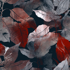imprints abstract leaves poinsettia mix repeat seamless pattern. digital hand drawn picture with watercolour texture.
