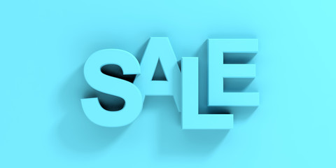 Sale concept. Text sale, big letters in bright blue color and background. 3d illustration