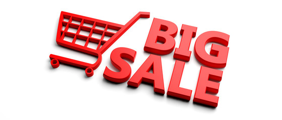 Text big sale and supermarket cart isolated on white. 3d illustration