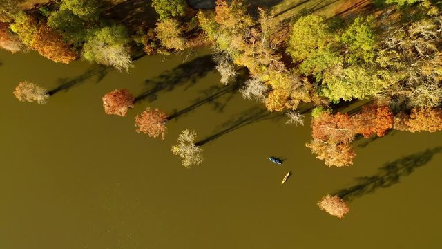 Aerial shot of two kayaks slowly moving along the shores of the iconic Stumpy Lake in Virginia.