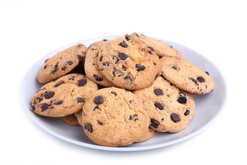 Chocolate chip cookies on plate isolated on white