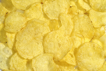 crispy potato chips snack texture, food background, close-up
