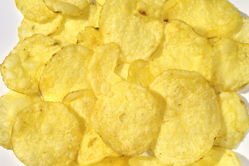 Potato chips on a white background, close-up food background, texture