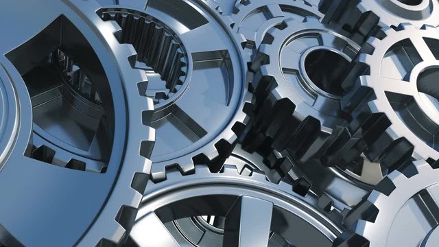 Beautiful Metal Gears Turning in Working Mechanism Close-up. Looped 3d Animation. Abstract Working Process. Teamwork Business and Technology Concept. 4k Ultra HD 3840x2160.
