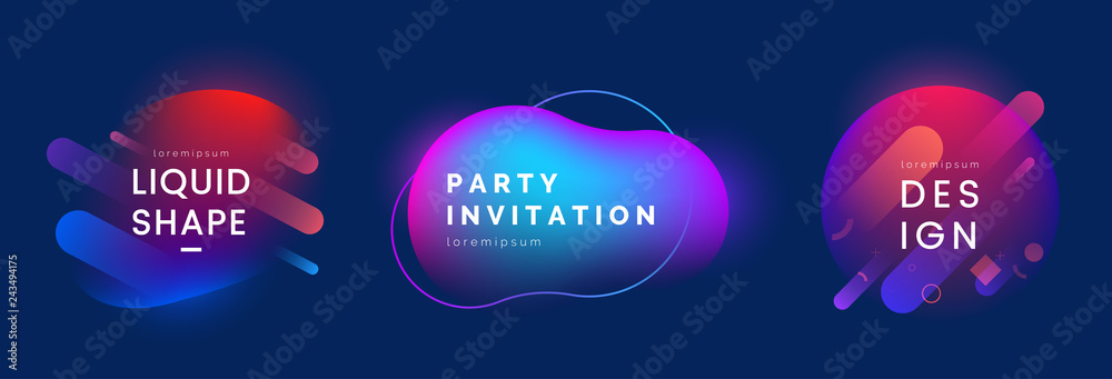 Poster Modern Liquid shapes set. Abstract shapes in different neon colors. Colorful dynamic badges with light effect. Applicable for club party invitation design, social post, web banner. Vector eps 10.