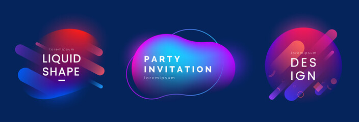 Modern Liquid shapes set. Abstract shapes in different neon colors. Colorful dynamic badges with light effect. Applicable for club party invitation design, social post, web banner. Vector eps 10.