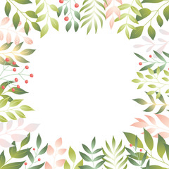 Fototapeta na wymiar Vector illustration of spring leaves in flat style. Floral background with copy space for text, tender plants branches for poster, banner, wedding card template