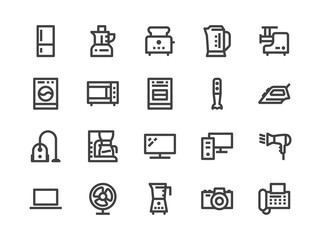 Household Appliances, Electronics Store Line Icon. Vector Illustration Flat style. Included Icons as Microwave Oven Stove, Iron, Vacuum Cleaner, Washer, Computer. Editable Stroke. 30x30 Pixel Perfect