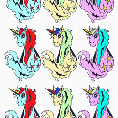 Naklejka premium Seamless pattern of unicorns. Concept of drawings for children's clothing.