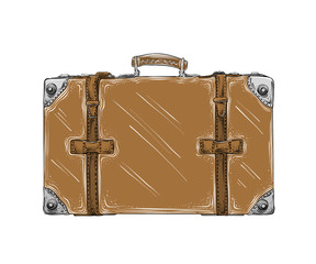 Hand drawn sketch of retro suitcase in brown color isolated on white background. Detailed vintage style drawing. Vector illustration