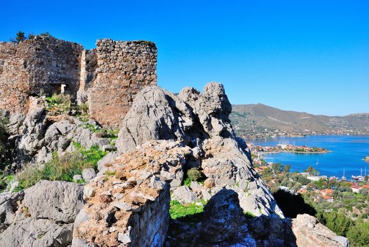 View of Selimiye village and bay from the ruins of an ancient Hydas castle on the Sarıkaya Hill Marmaris resort town in Mugla Province of Turkey