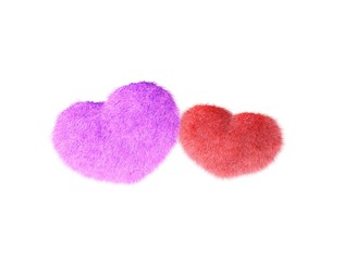 Fluffy heart. Fur plush heart on white background. Heart shape red fluffy soft pillow or cushion for Valentine's day or wedding day in love. 3d rendering.