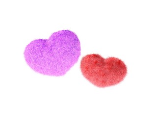 Fluffy heart. Fur plush heart on white background. Heart shape red fluffy soft pillow or cushion for Valentine's day or wedding day in love. 3d rendering.