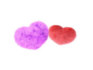 Fototapeta premium Fluffy heart. Fur plush heart on white background. Heart shape red fluffy soft pillow or cushion for Valentine's day or wedding day in love. 3d rendering.