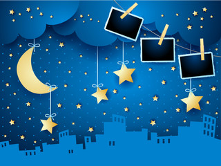 Surreal night with moon, skyline and photo frames