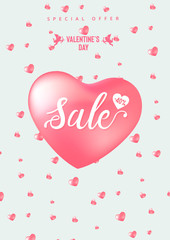 Happy Valentine's Day sale banner with calligraphy text and red baloon hearts. Vector illustration