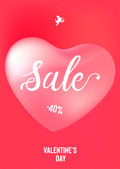 Happy Valentine's Day sale banner with calligraphy text and red baloon hearts. Vector illustration