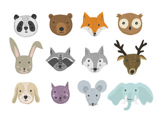 Set of cute cartoon hand drawn animals in bright colors. Vector illustration of wild and domestic animal heads as panda, bear, fox, raccoon, cat, mouse for pattern, print design, kids app and book