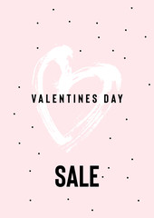 Happy Valentine's Day card with text and red baloon hearts. Trendy background with hand drawn brush paints. Vector illustration