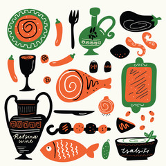 Traditional greek food. Funny hand drawn illustration with food elements.