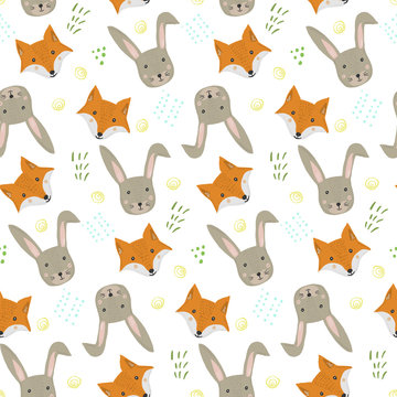 Cute cartoon seamless pattern with orange fox and gray hare heads with grass on white background. Funny hand drawn foxy and rabbit texture for kids design, wallpaper, textile, wrapping paper