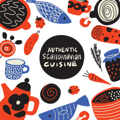 Authentical scandinavian cuisine. Hand drawn illustration of different scandinavian food. Menu template. Vector.
