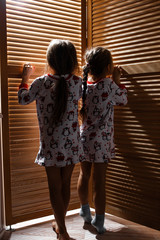 Two little sisters dressed in the pajamas are hiding in the closet with wooden doors