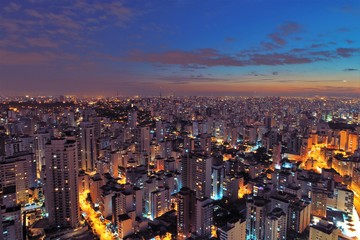Aerial view of sunset on the city. Fantastic landscape. Great contrast and lightning. São Paulo,...