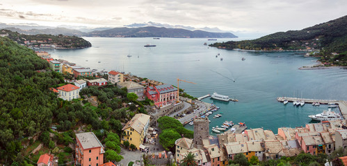 View of Porto Venere bay from Doria Castle on a cloudy day