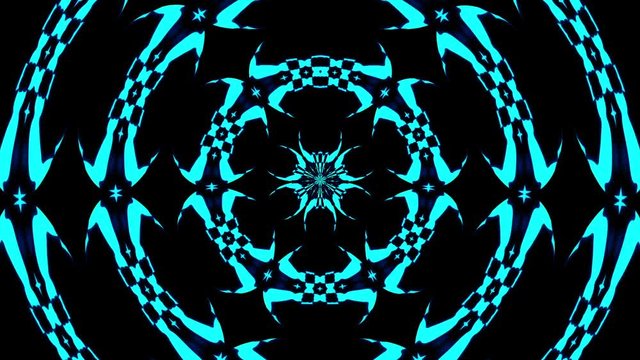 Loopable complex abstract motion graphic of turquoise lines, shapes, and reflections, creating a mandala. Great for hologram background, stage screen of a music concert, overlay, and screen blending