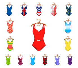 Different types of swimsuits cartoon icons in set collection for design. Swimming accessories vector symbol stock web illustration.