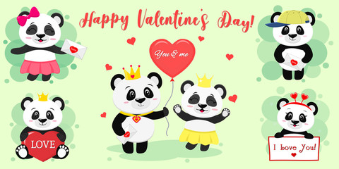 Happy Valentine s Day. Set of six characters cute pandas in various poses and accessories in a cartoon style. With a red heart, balloon, letter. Flat design vector