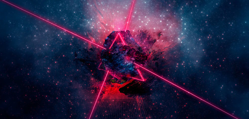 Cosmic explosion, neon light. Thick smoke burning stone, laser beam, red neon. - obrazy, fototapety, plakaty