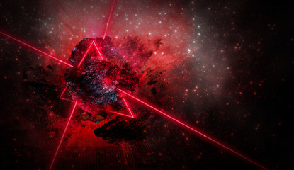 Cosmic explosion, neon light. Thick smoke burning stone, laser beam, red neon.