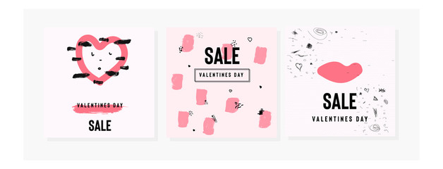 Happy Valentine's Day set of sale banners with text. Trendy background with hand drawn brush paints. Vector illustration