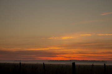 Dawn in the field. Clouds dyed in warm colors during the sunrise.