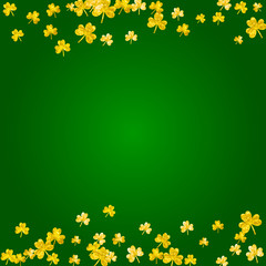 Saint patricks day background with shamrock. Lucky trefoil confetti. Glitter frame of clover leaves. Template for voucher, special business ad, banner. Dublin saint patricks day backdrop.